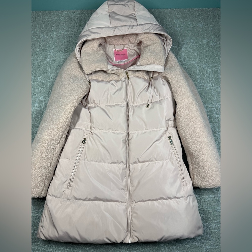 Kate Spade Sherpa Puffer Mixed Media coat Surf Pink Size Small
